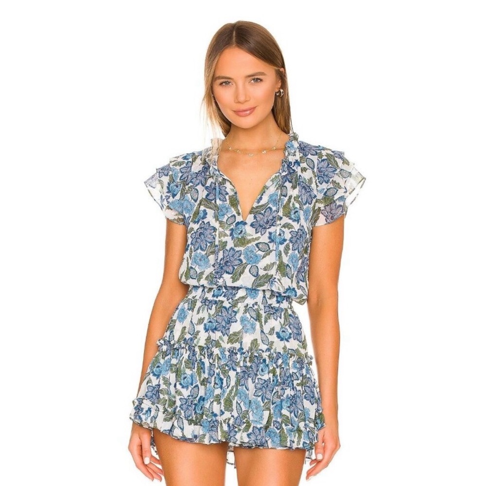 MISA Los Angeles Ruffle Sleeve Top in Blue
